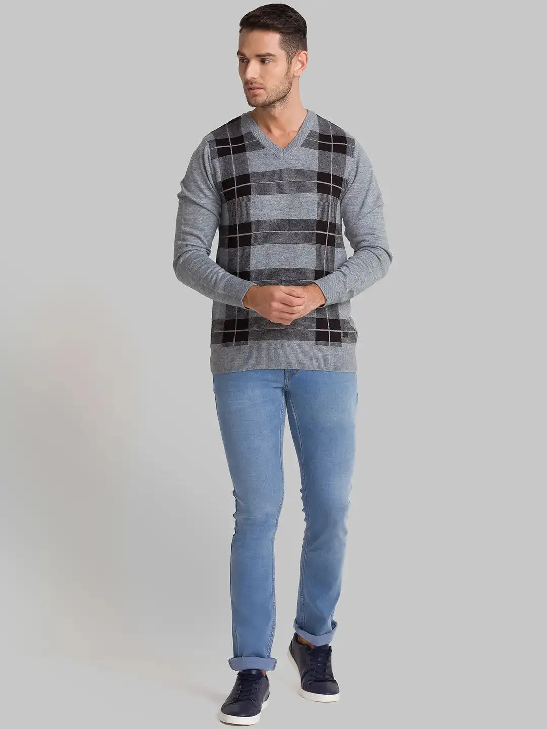 Men Grey Checks Acrylic Blend Full Sleeve Sweaters