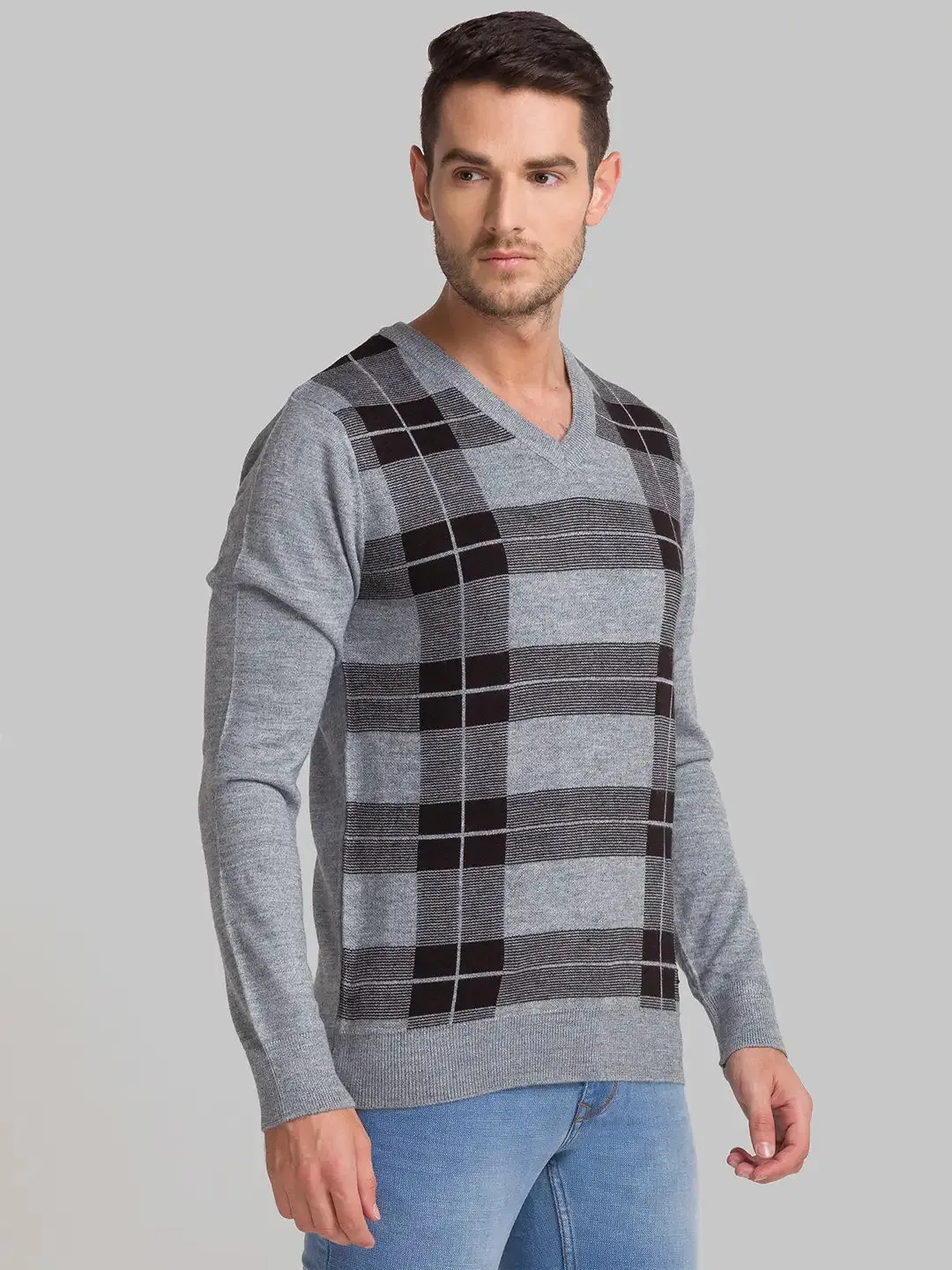 Men Grey Checks Acrylic Blend Full Sleeve Sweaters