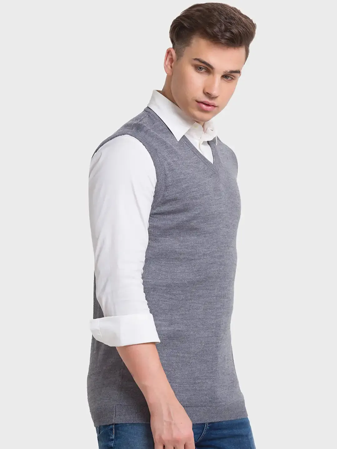 Men Grey Classic Fit Solid Merino Wool Acrylic Blend Sleeveless V Neck Collar Sweaters