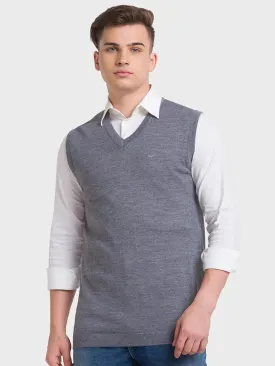 Men Grey Classic Fit Solid Merino Wool Acrylic Blend Sleeveless V Neck Collar Sweaters