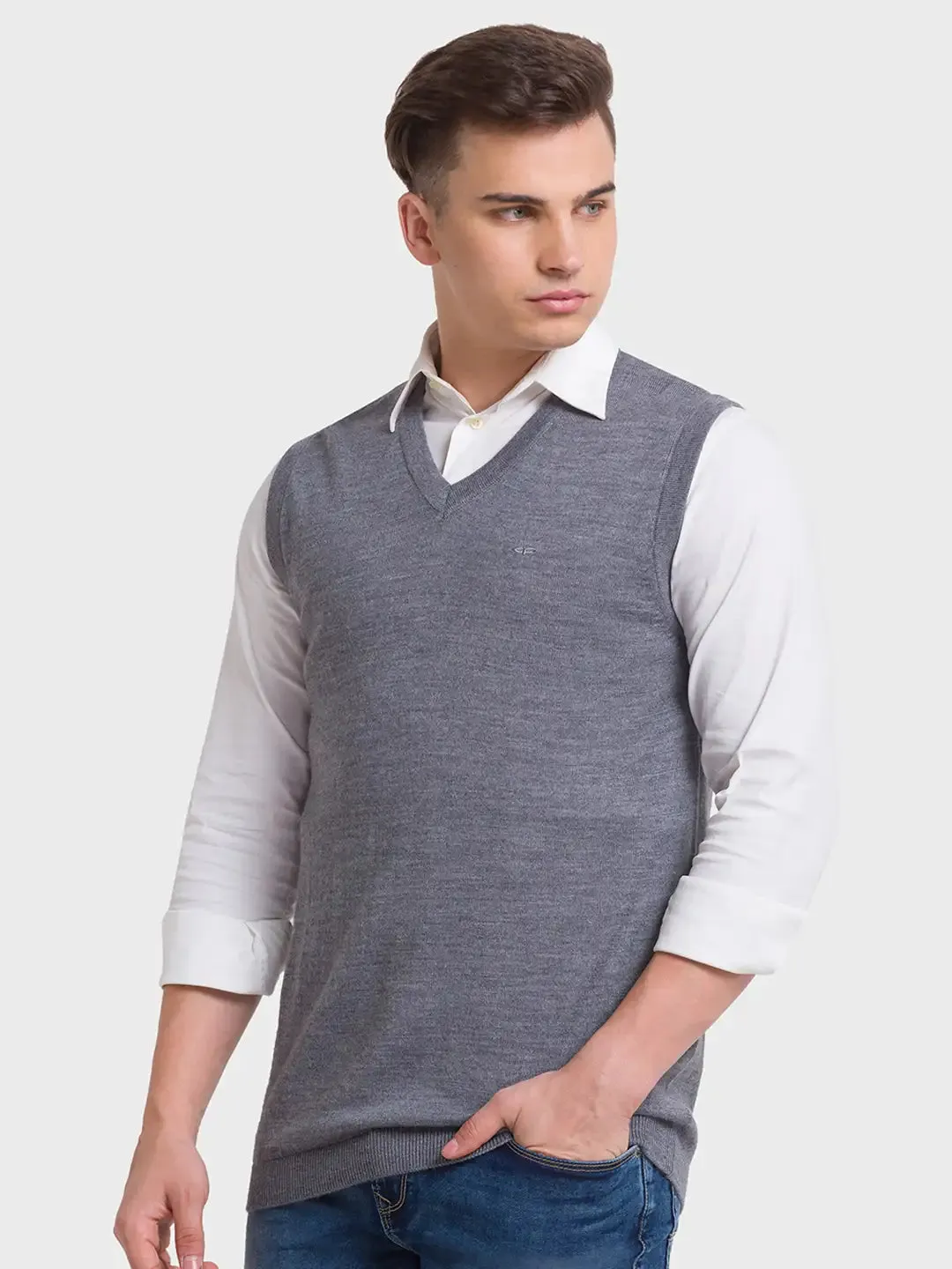 Men Grey Classic Fit Solid Merino Wool Acrylic Blend Sleeveless V Neck Collar Sweaters