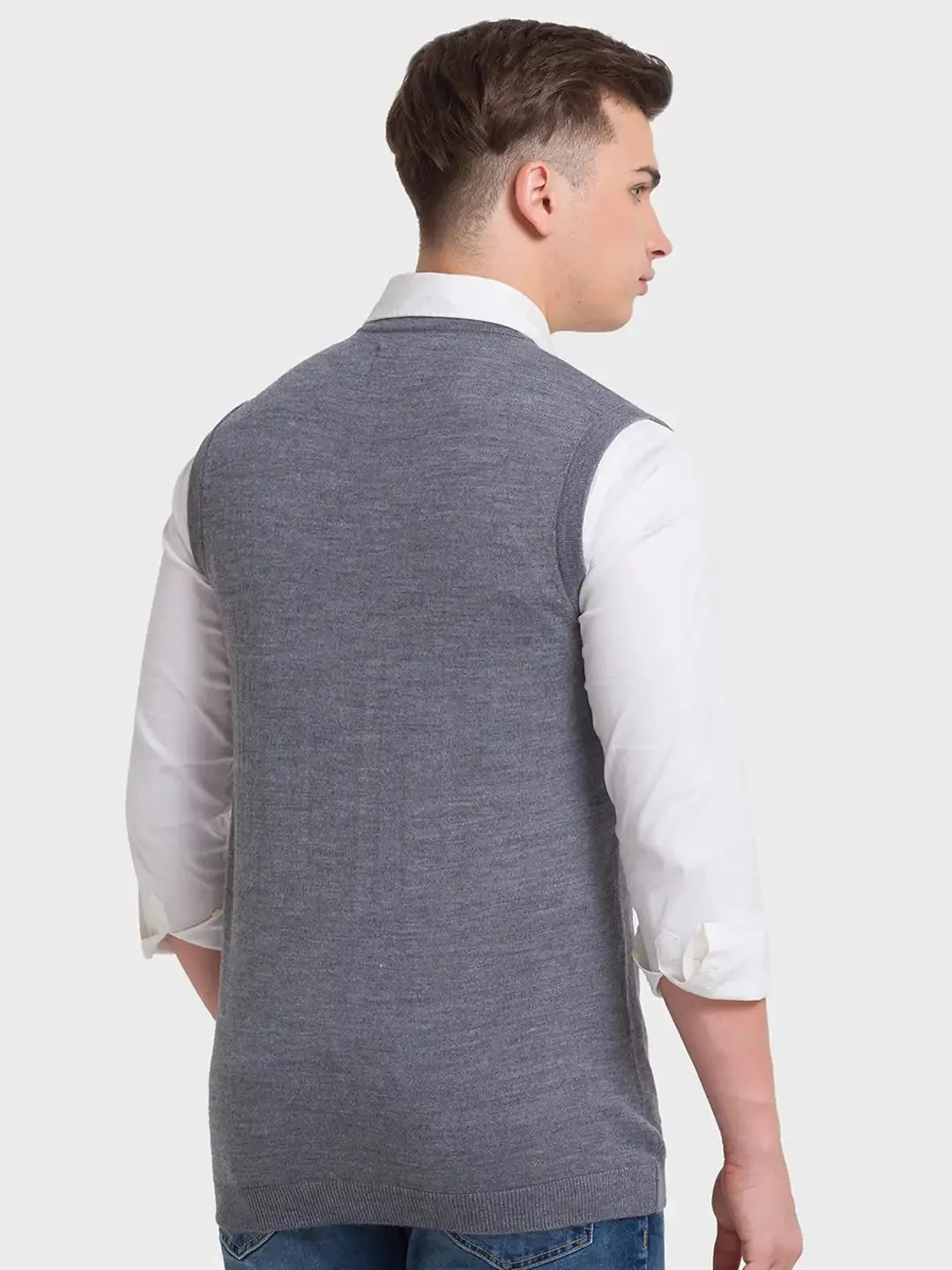 Men Grey Classic Fit Solid Merino Wool Acrylic Blend Sleeveless V Neck Collar Sweaters