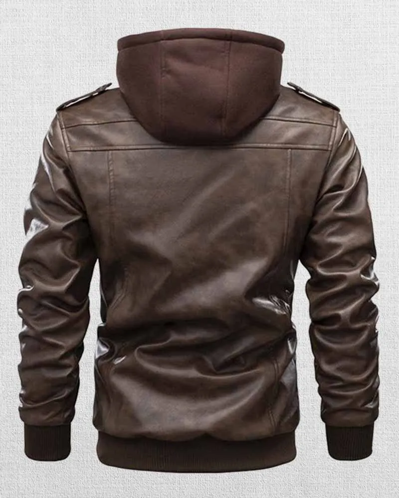 MEN'S HOODED MULTI-POCKET CASUAL LEATHER JACKET