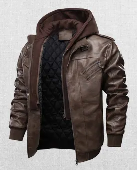 MEN'S HOODED MULTI-POCKET CASUAL LEATHER JACKET