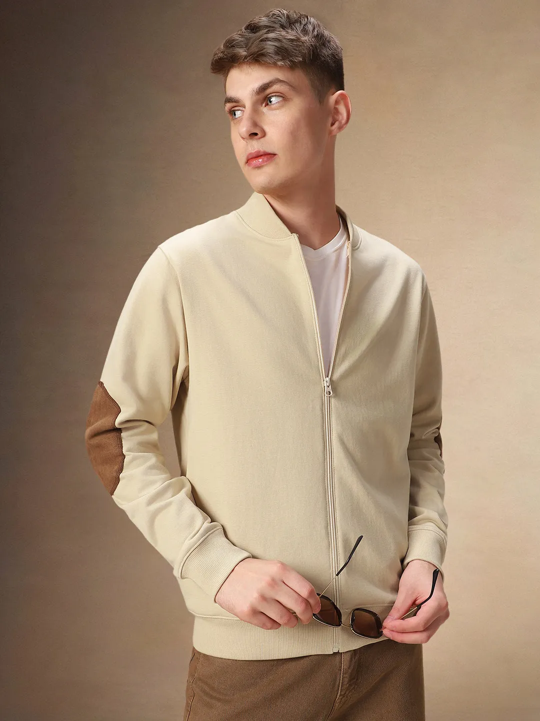 Men's Solid Rib Collar Full Sleeves Front open Sweatshirt