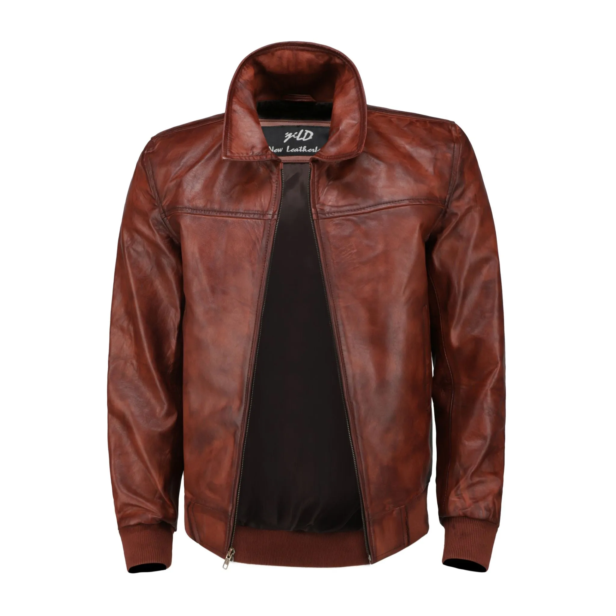 Men's Zipper Vintage Brown Bomber Polo Leather Jacket