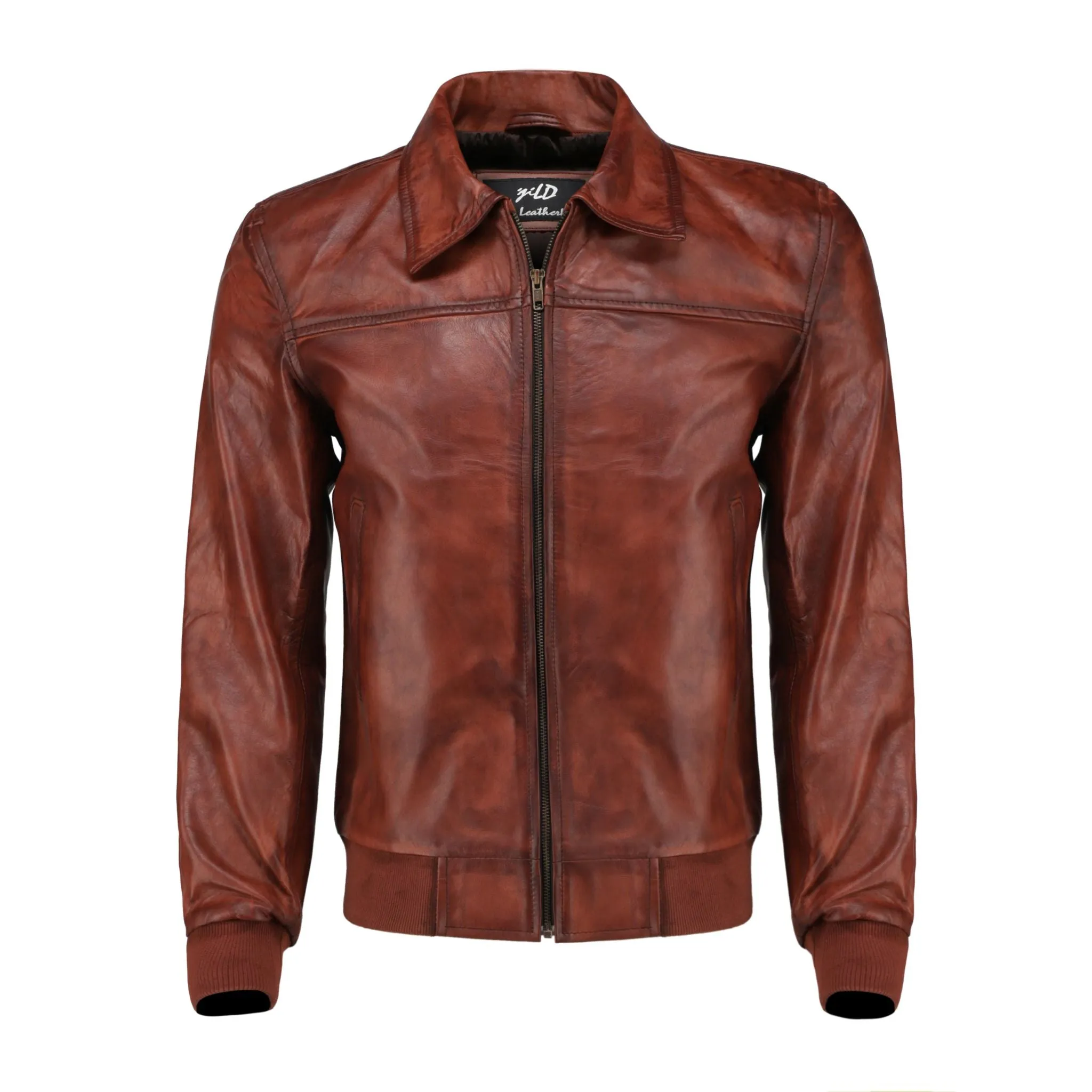 Men's Zipper Vintage Brown Bomber Polo Leather Jacket