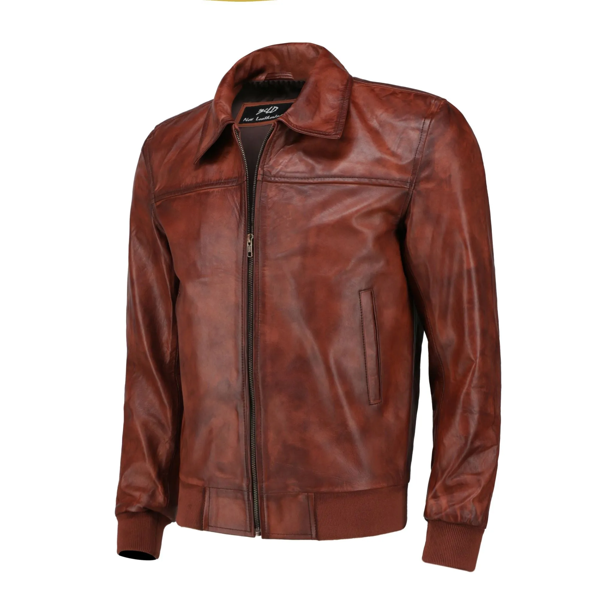 Men's Zipper Vintage Brown Bomber Polo Leather Jacket