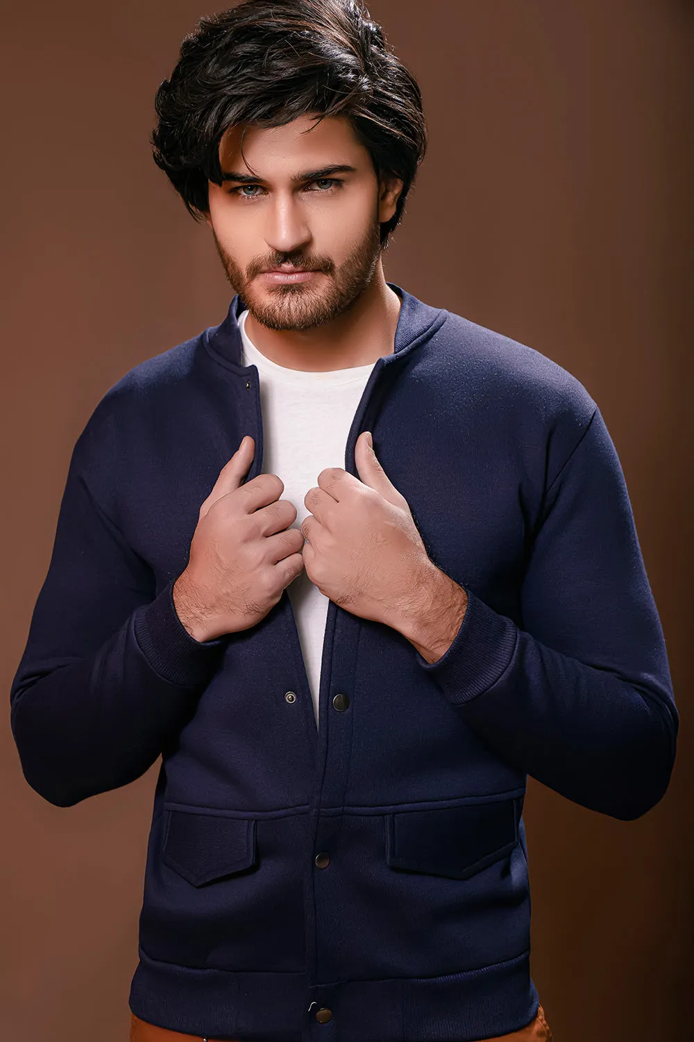 Navy Blue Bomber Jacket With Poppers
