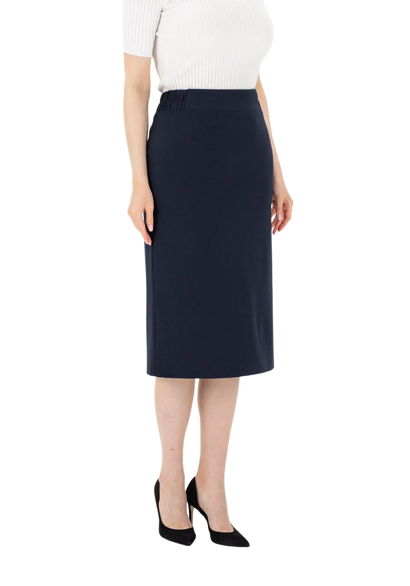 Navy Blue Midi Pencil Skirt with Elastic Waist and Closed Back Vent