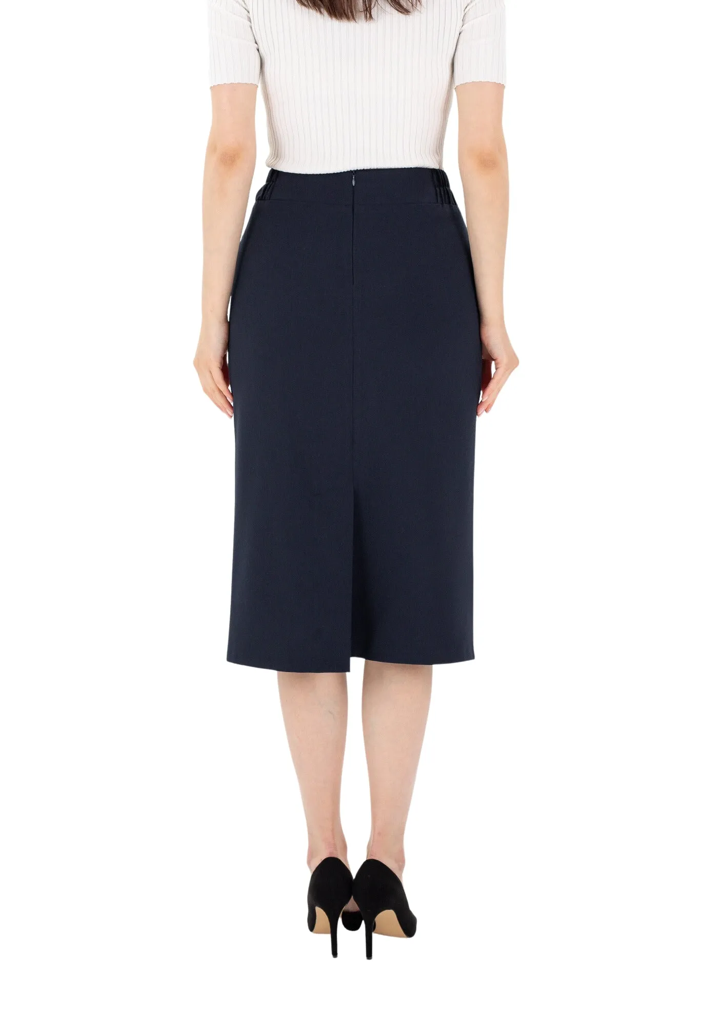 Navy Blue Midi Pencil Skirt with Elastic Waist and Closed Back Vent