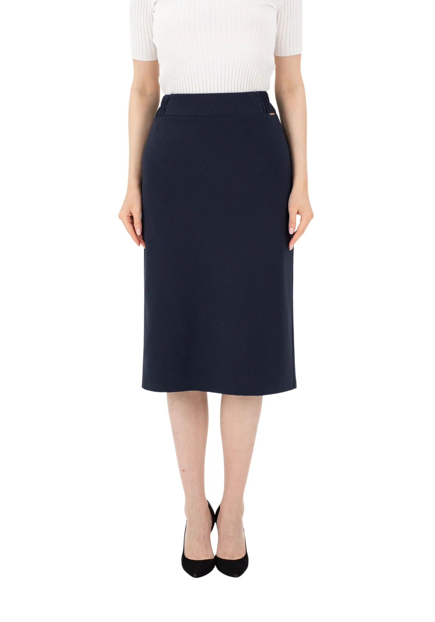 Navy Blue Midi Pencil Skirt with Elastic Waist and Closed Back Vent
