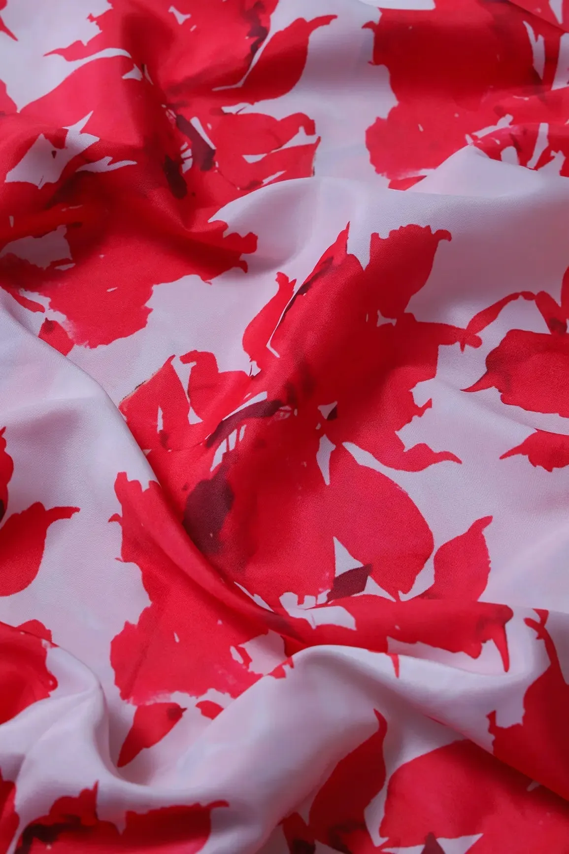 Red And White Floral Pattern Digital Print On French Crepe Fabric