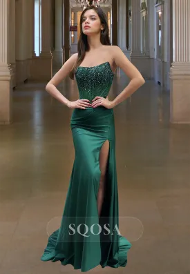 Scoop-Neck Off-Shoulder Sleeveless Formal Gowns Beaded Sequined Pleated Mermaid Prom Dress