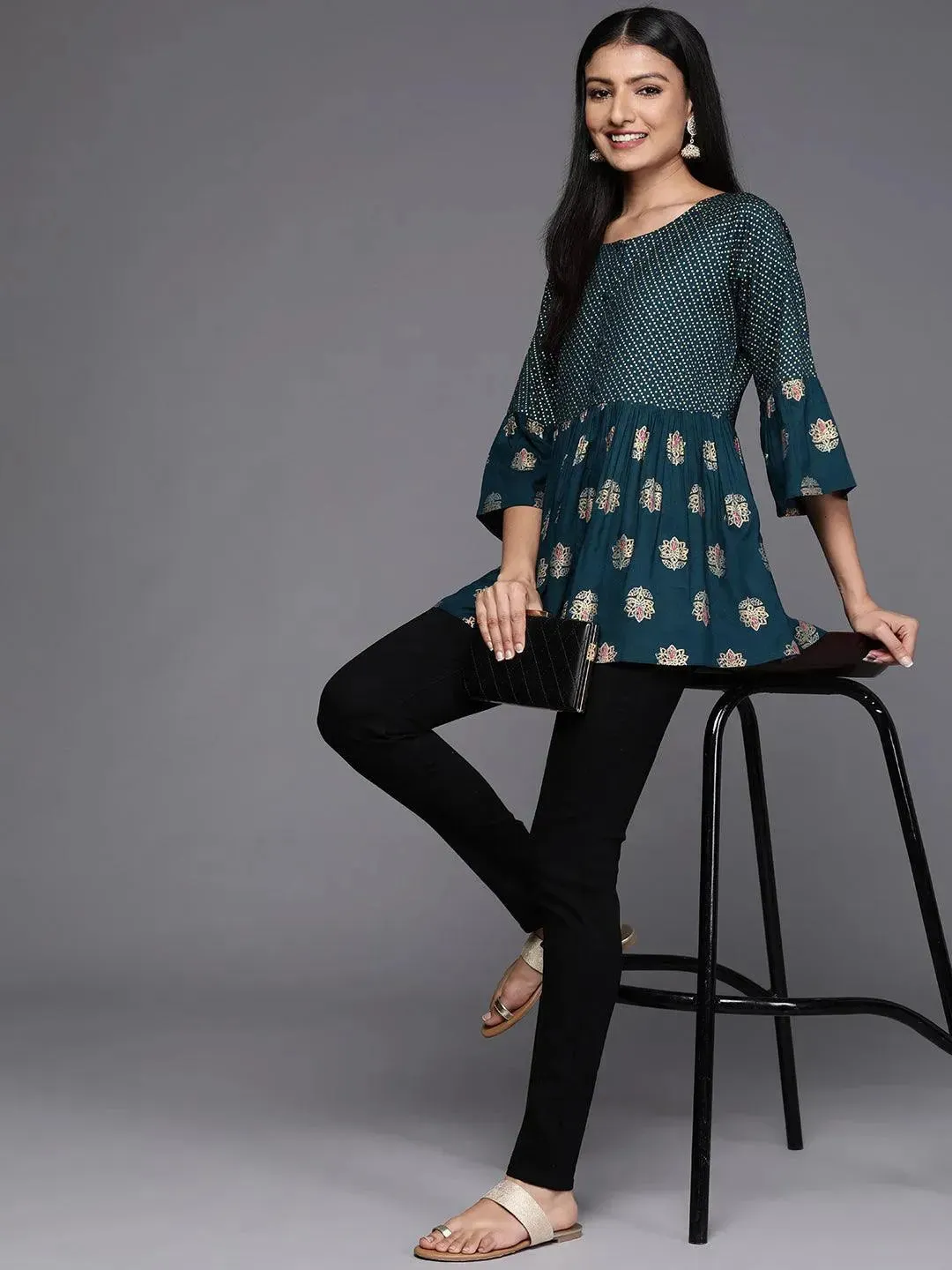 Teal Printed Rayon A-Line Kurti
