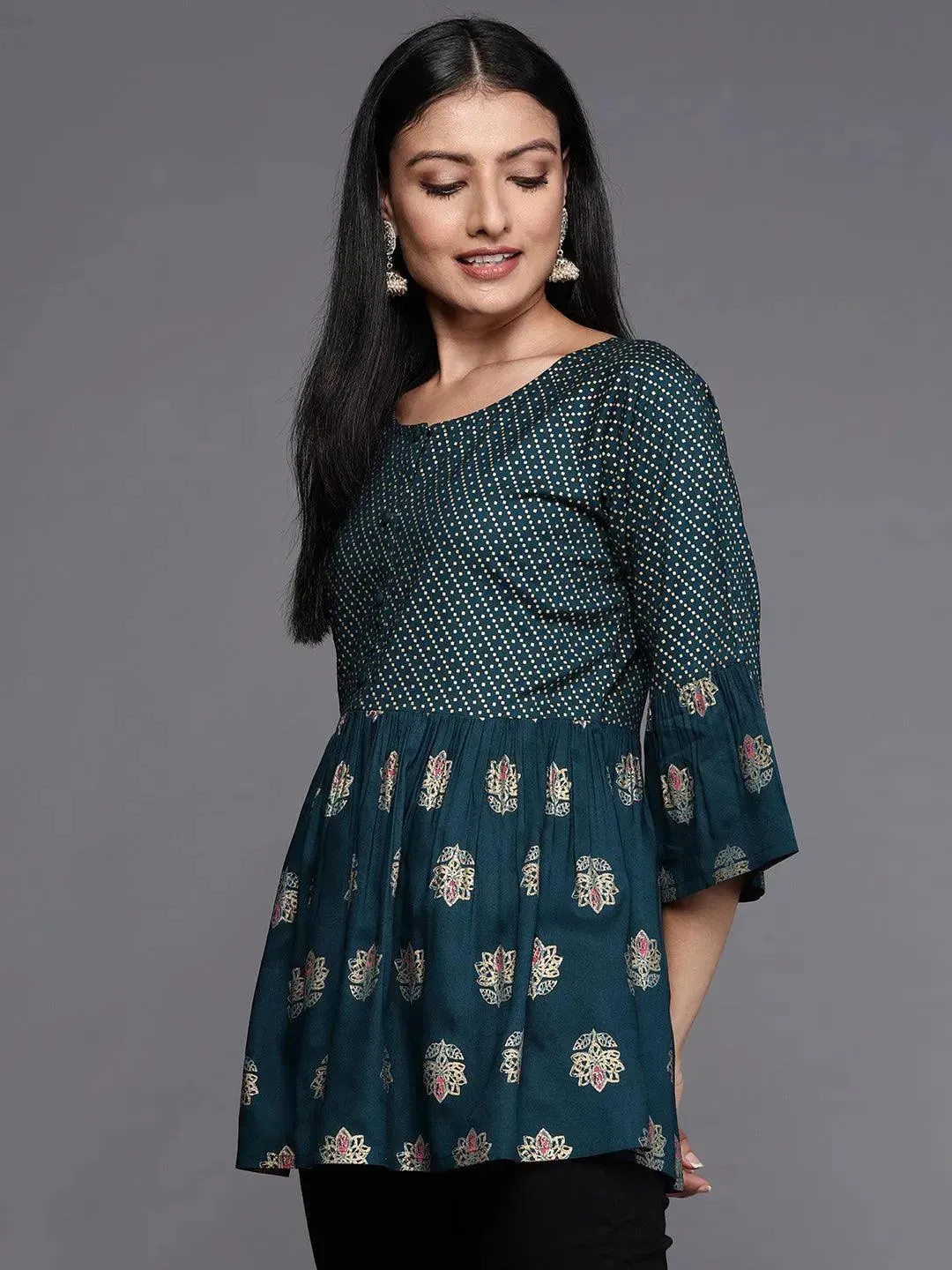 Teal Printed Rayon A-Line Kurti