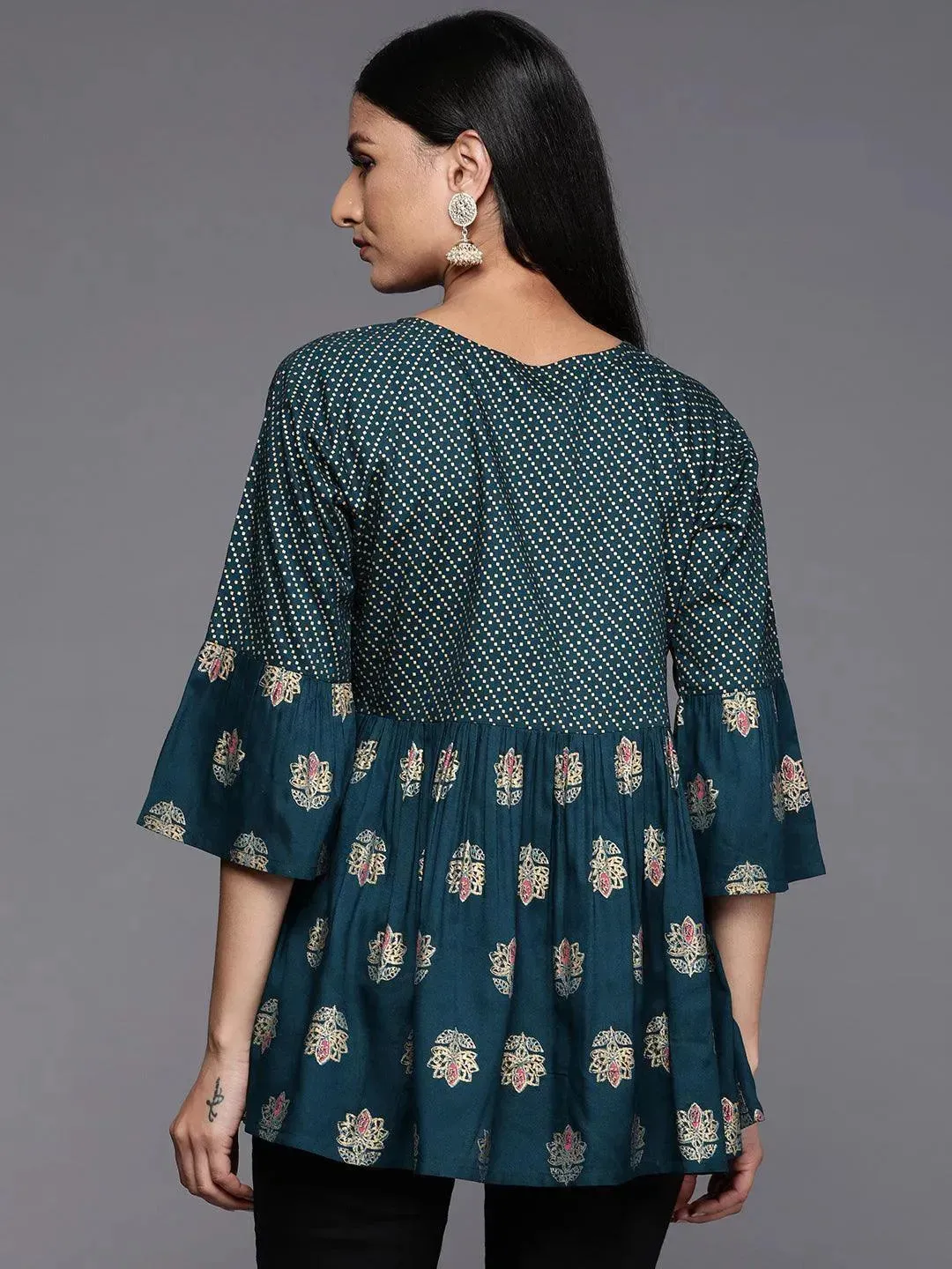 Teal Printed Rayon A-Line Kurti