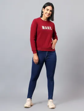 Women's Maroon Printed Round Neck Sweatshirt