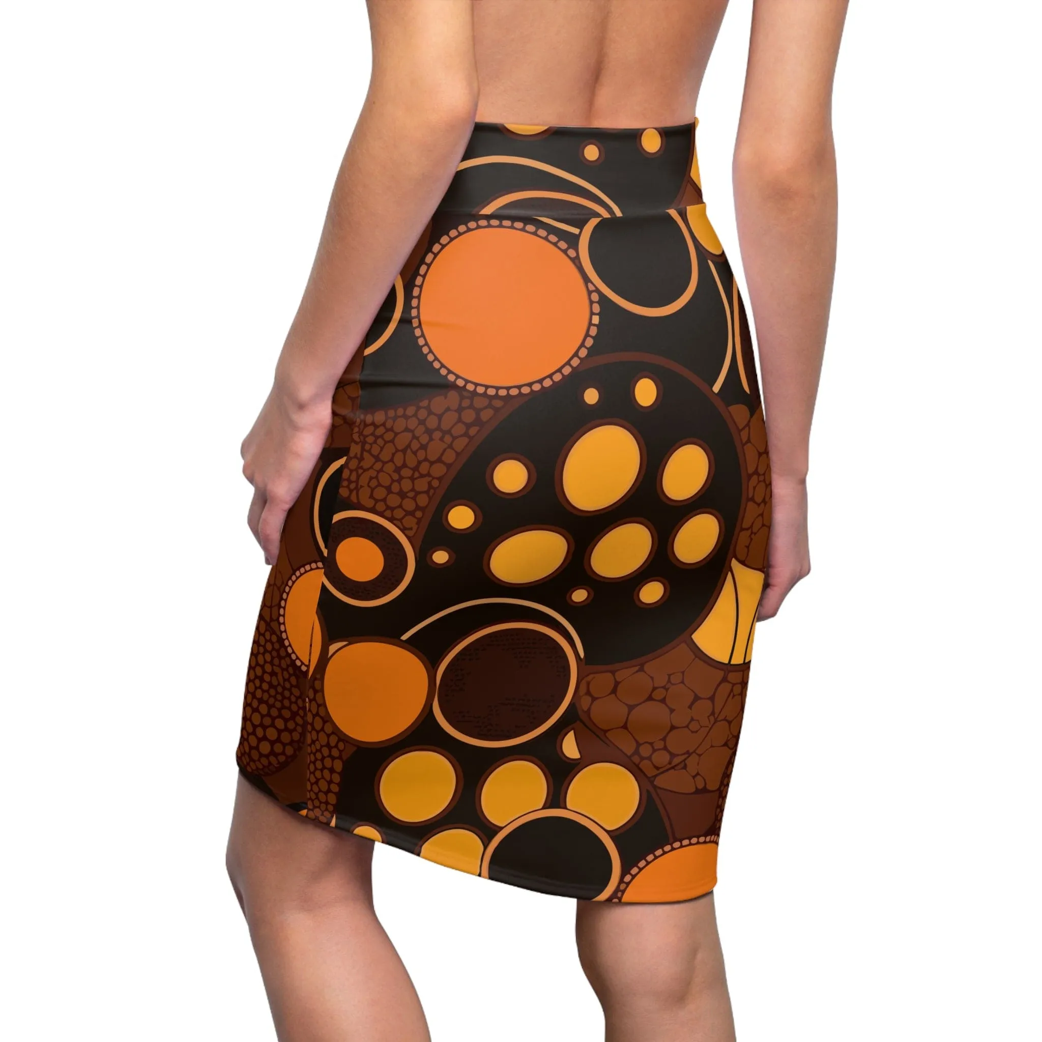 Womens Pencil Skirt - Orange and Brown Spotted Illustration