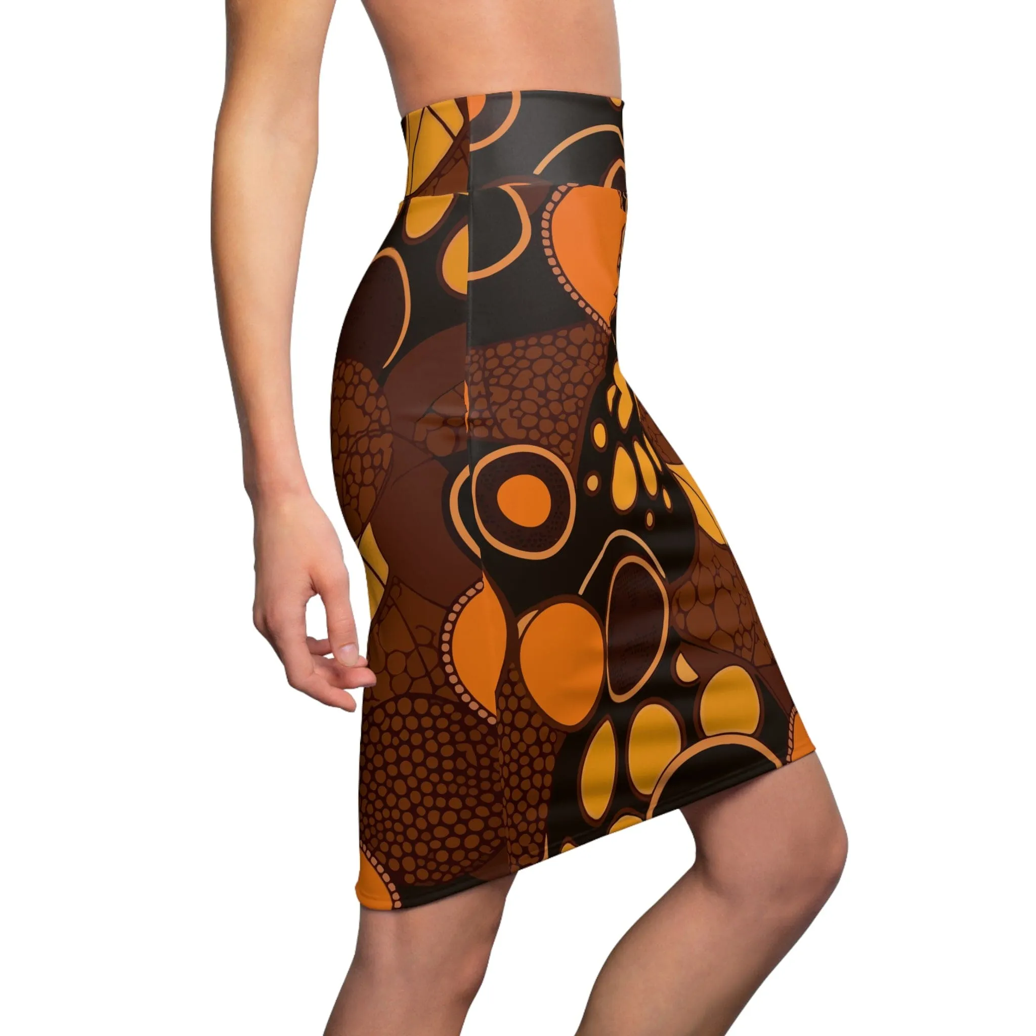 Womens Pencil Skirt - Orange and Brown Spotted Illustration