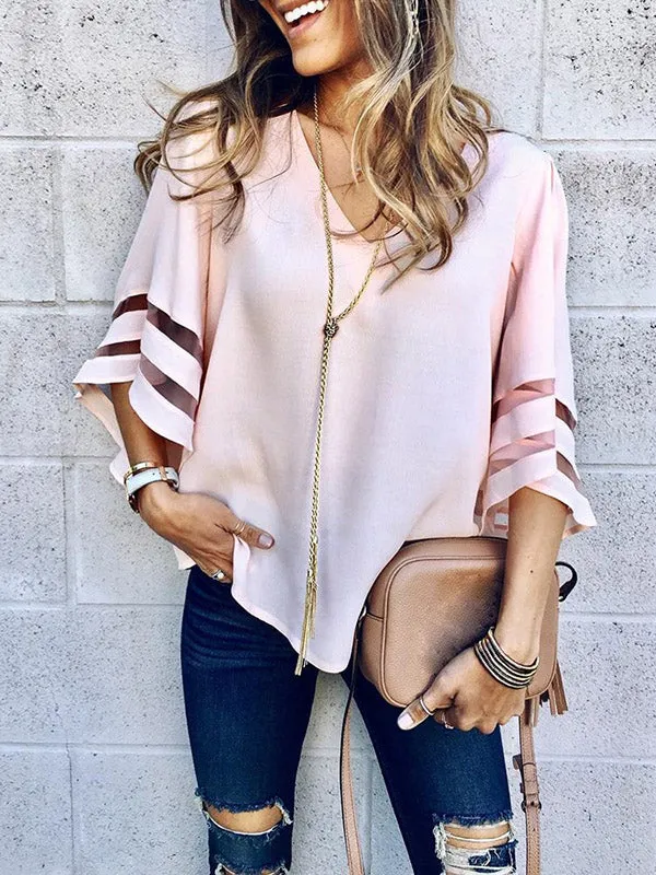 Women's V Neck Mesh Panel Blouse 3/4 Bell Sleeve Loose Top Shirt