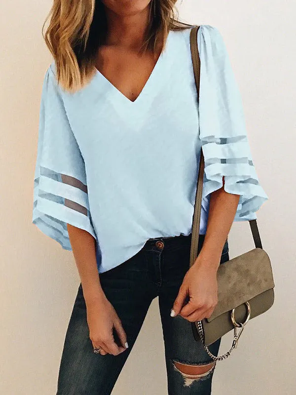 Women's V Neck Mesh Panel Blouse 3/4 Bell Sleeve Loose Top Shirt