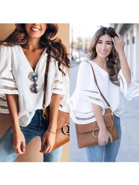 Women's V Neck Mesh Panel Blouse 3/4 Bell Sleeve Loose Top Shirt