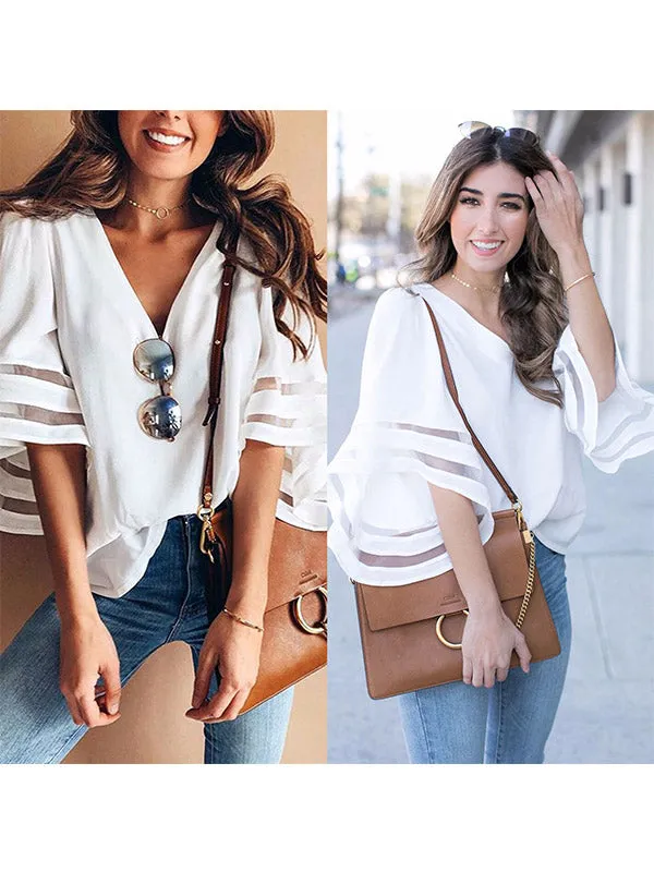 Women's V Neck Mesh Panel Blouse 3/4 Bell Sleeve Loose Top Shirt