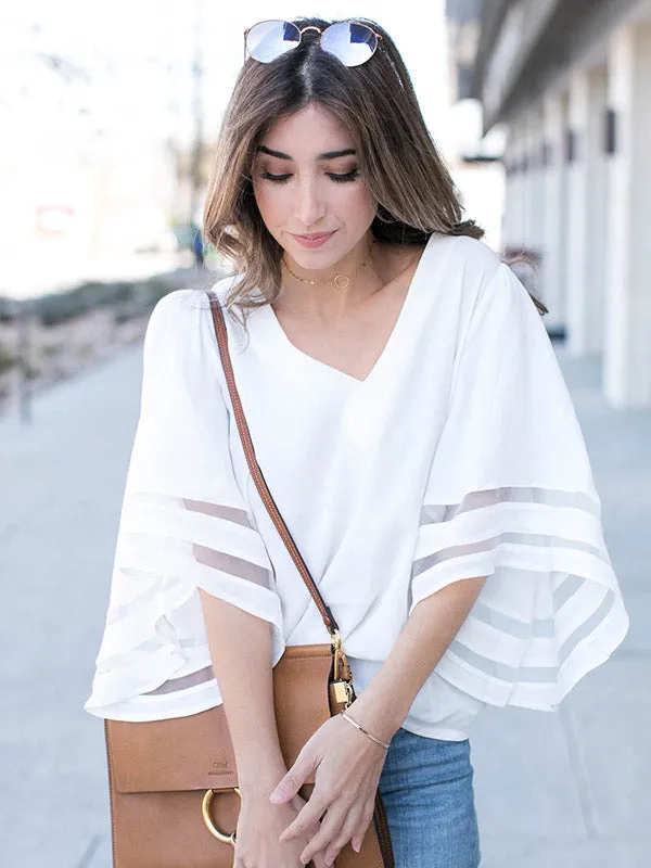 Women's V Neck Mesh Panel Blouse 3/4 Bell Sleeve Loose Top Shirt